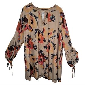 Umgee Brown Floral Long Sleeve Boho Mini Dress Size 2XL